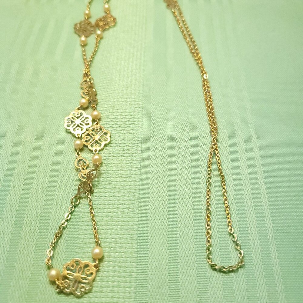 1994 Avon Attributed 31" Continuous Loop Necklace Gold Tone Clover Heart Station